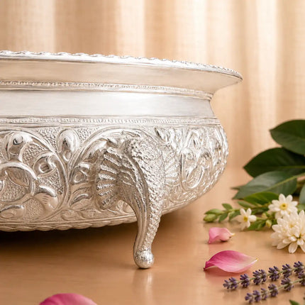 Brass Silver Plated Urli Bowl with Elephant Legs (3.2 Inch)