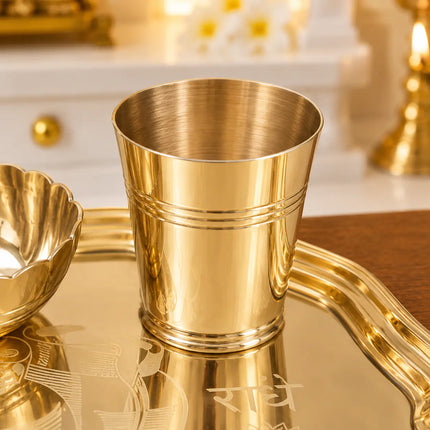 Brass Pooja Bhog Thali Set – Matka Murli Design (8 Inch)