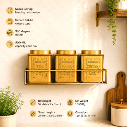 Brass Square Storage Jars / Canister Set With Wall Hanging Stand (Set of 3)