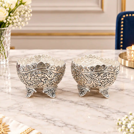 Brass Silver Plated Noka Bowl Set With Velvet Box (3 inch)
