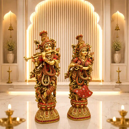 Brass Stone Work Standing Radha Krishna Statue Set (30 Inch)