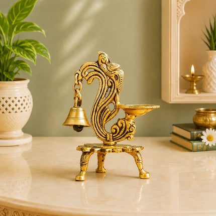 Brass Ethnic Peacock Diya Lamp With Hanging bell