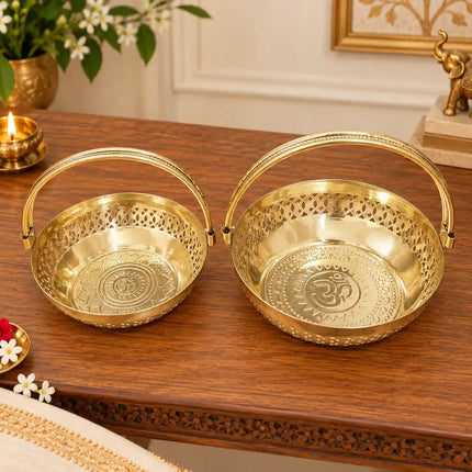 Brass Pooja Basket With Handle Set of 2