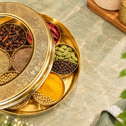 Brass Glass Lid Floral Masala Daani / Spice Box (2.5 Inch)