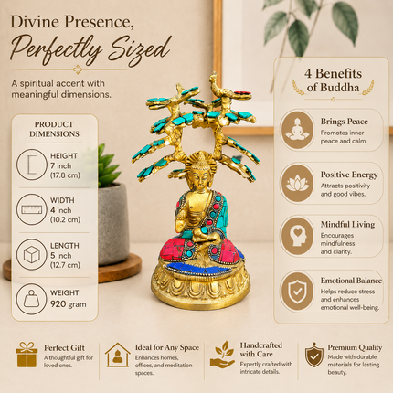 Brass Stone Work Blessing Buddha With Tree (7 Inch)