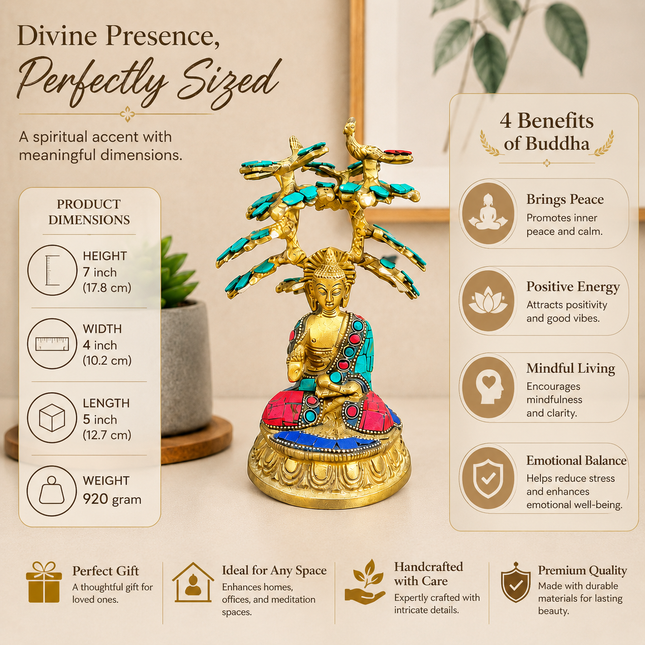 Brass Stone Work Blessing Buddha With Tree (7 Inch)