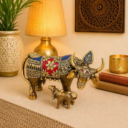 Brass Dhokra Kamdhenu Cow with Calf Statue (6.5 Inch)