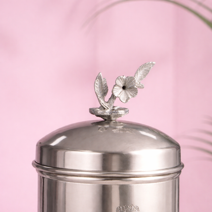 Brass Embossed Design Jar with leaf knob on lid, Brass Decorative Storage Box