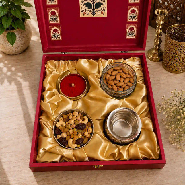 Brass Pooja Kalash Kumkum Box and Bowl Gift Hamper