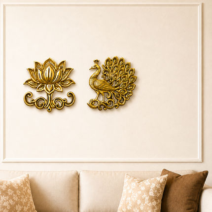 Brass Peacock And Lotus Wall Hanging 3 Piece Set (7.5 inch)
