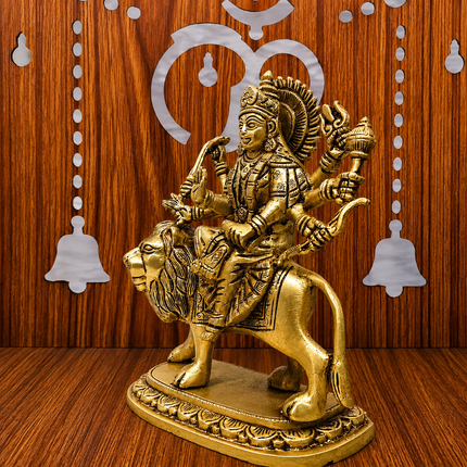 Brass Goddess Durga Sitting on Lion Statue (8.5 Inch)