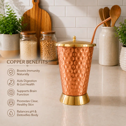 Copper Hammered Glass / Tumbler With Lid And Straw (6 Inch)