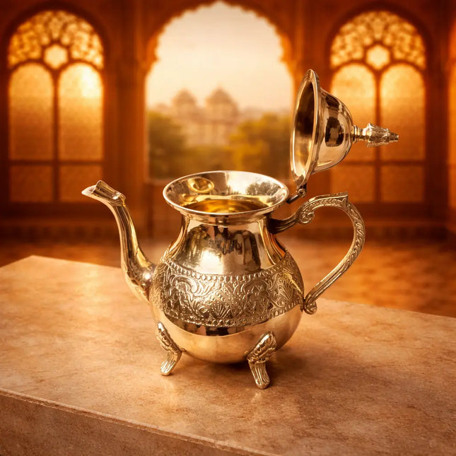 Brass Leaf Design Mughlai Tea Pot with Lid