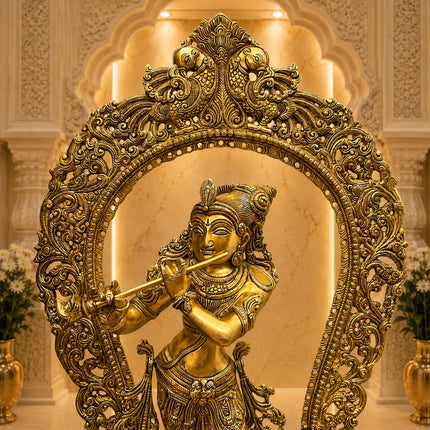 Brass Standing Krishna Idol On Throne / Singhasan (31 Inch)