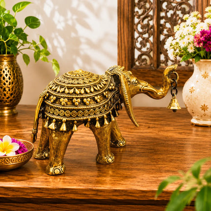 Brass Handcrafted Dhokra Elephant Statue With Bell (5.5 Inch)