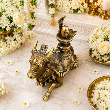 Brass Handcrafted Dhokra Sitting Nandi Idol on Shivling (7 Inch)