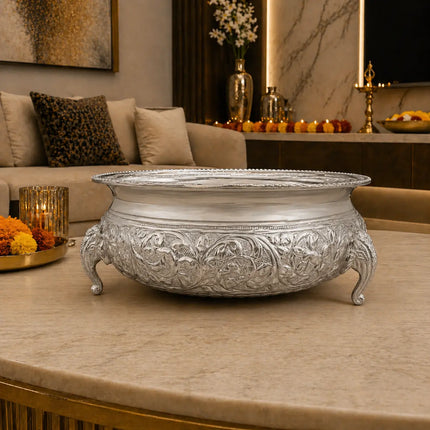 Brass Silver Urli Bowl with Elephant Legs (3.2 Inch)