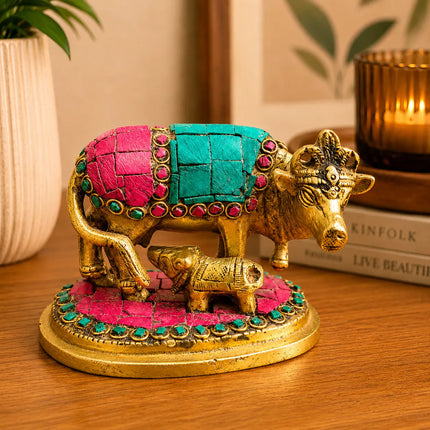 Brass Stone Work Kamdhenu Cow Idol (2.5 Inch)