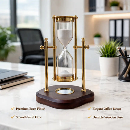 Brass Rotating Sand Clock With Compass And Wooden Stand