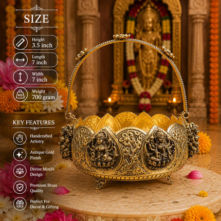 Brass Silver Plated Ashtalakshmi Basket With Handle And Leg (5 Inch)