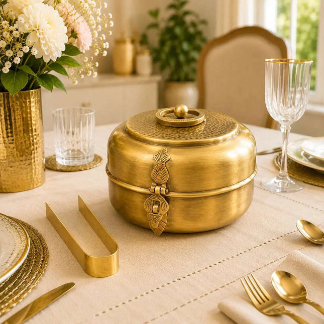 Brass Handcrafted Roti / Chapati Box With Tong (5.5 Inch)