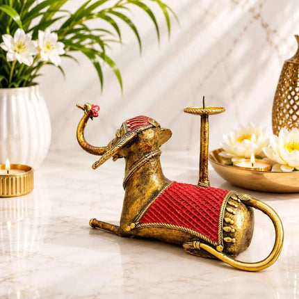 Brass Dhokra Sitting Elephant Statue With Candle Holder (5 Inch)