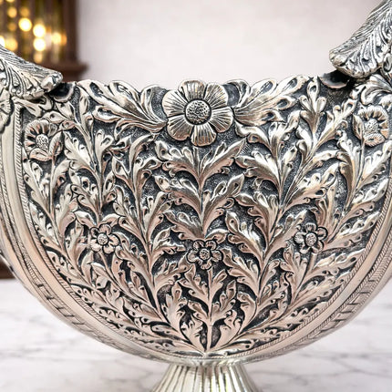 Brass Silver Plated Decorative Basket with Floral Design (10 Inch)