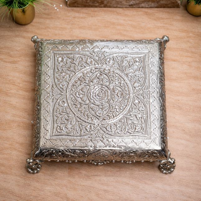 German Silver Handcrafted Chowki with Elephant Leg (7 Inch)