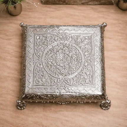 German Silver Handcrafted Chowki with Elephant Leg (7 Inch)