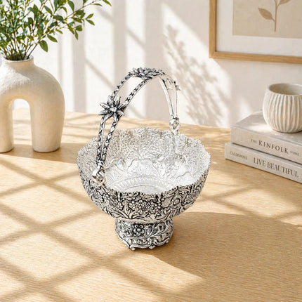 Brass Silver Plated Decorative Basket with Handle (5.5 Inch)