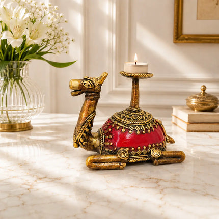 Brass Dhokra Sitting Camel Candle Stand (5 Inch)