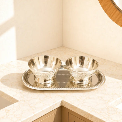Brass Silver Twin Bowl Set with Lids And Tray (3 Inch)
