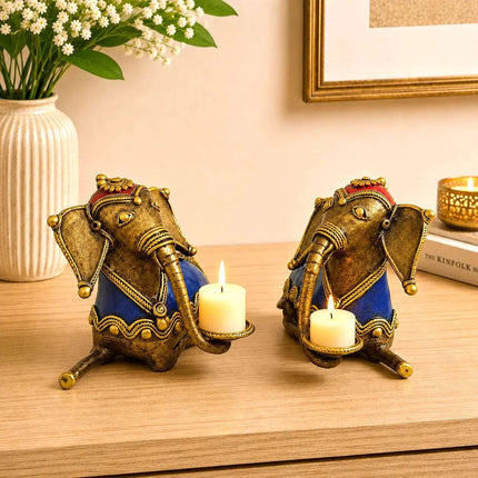 Brass Dhokra Sitting Elephant Statue Set With Candle Holder (5 Inch)