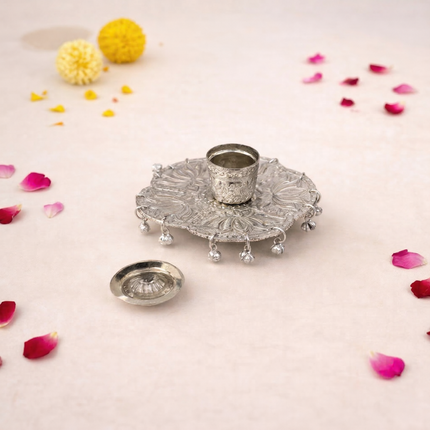 German Silver Kumkum Box With Ghungroo (3.5 Inch)