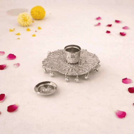 German Silver Kumkum Box With Ghungroo (3.5 Inch)