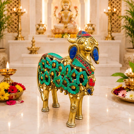Brass Stone Work Standing Cow Idol