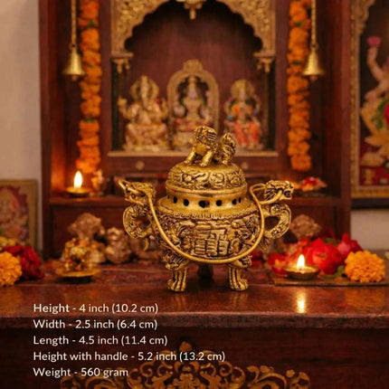 Brass Yali/kirtimukha Dragon Dhoop Dani & Incense Holder With Handle (4 Inch)