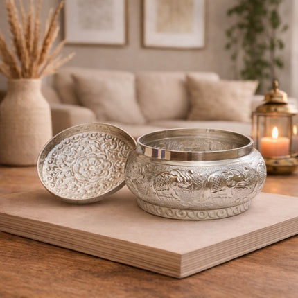 German Silver Storage Container/Supari Box With Lid (3.5 Inch)