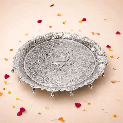 German Silver Pooja Thali With Ghungroo (11 inch)
