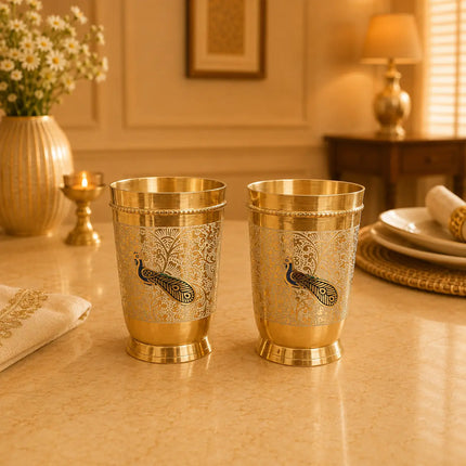 Brass Hand Painted Glass Pair