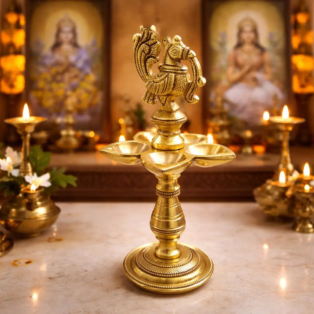 Brass Ethnic Five Petal Peacock Diya / Lamp (7.5 Inch)