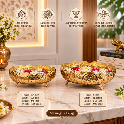 Brass Louts Urli Bowl Set With Legs (Pack of 2)