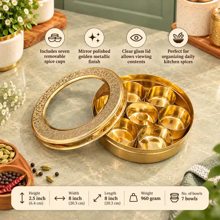 Brass Glass Lid Floral Masala Daani / Spice Box (2.5 Inch)
