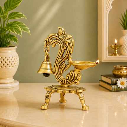 Brass Ethnic Peacock Diya Lamp With Hanging bell