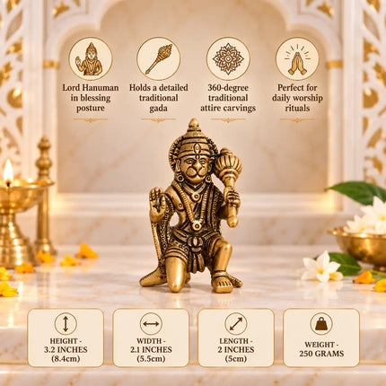 Brass Blessing Sitting Hanuman Idol (3.2 Inch)