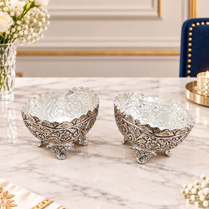 Brass Silver Plated Noka Bowl Set With Velvet Box (3 inch)