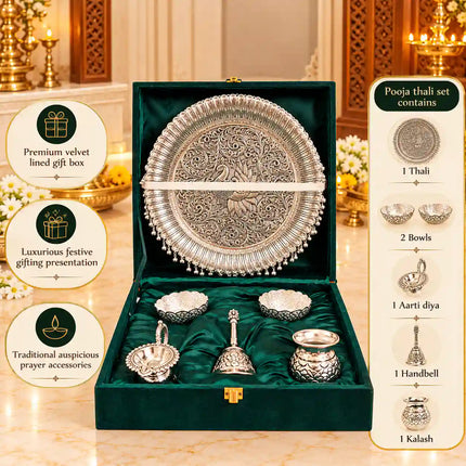 Brass Silver Plated Pooja Thali Set With Velvet Box (1.9 kg)