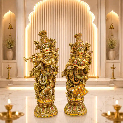 Brass Stone Work Standing Radha Krishna Statue Set (30 Inch)
