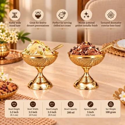 Brass Ice Cream Bowls with Spoons – Set of 2 (3.2 Inch)