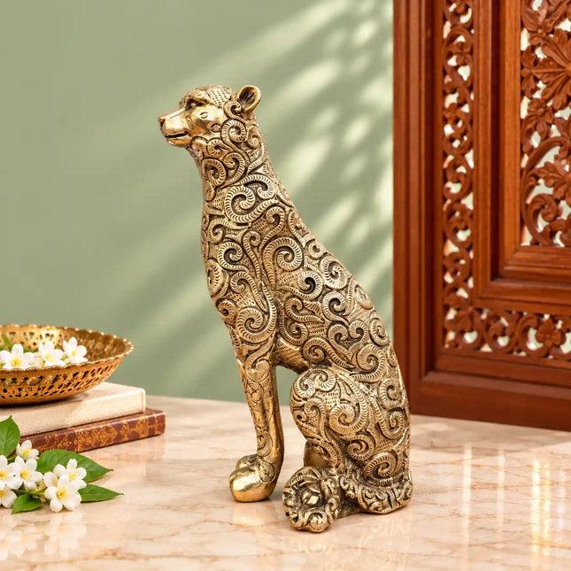 Brass Sitting Leopard / Tiger Statue (11 Inch)